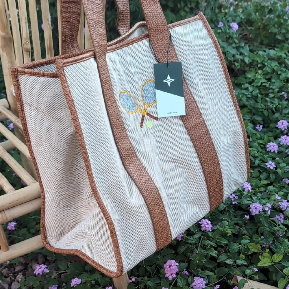 Brown and Cream Tote Bag with Tennis Racket Design